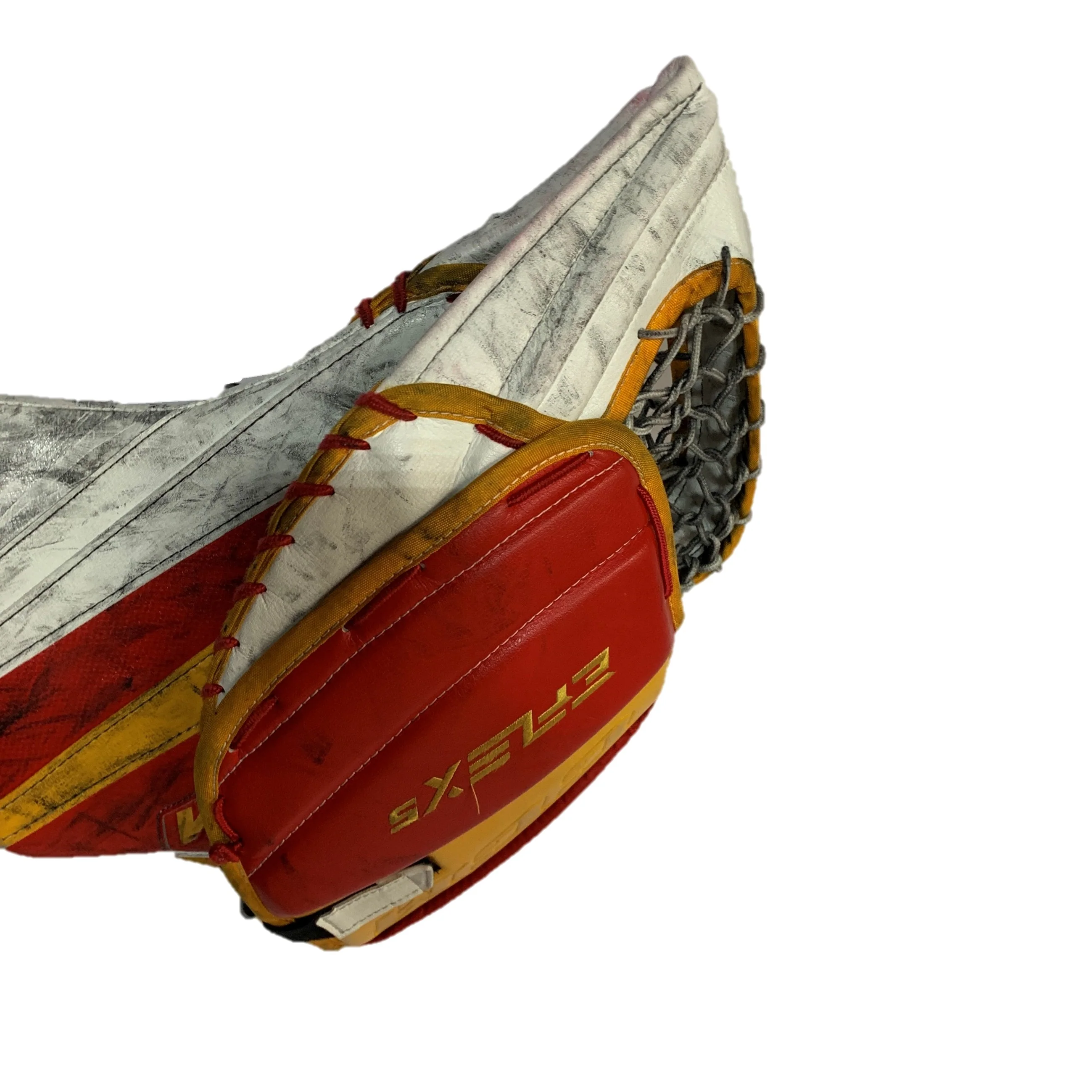 CCM Extreme Flex 5 - Used Pro Stock Goalie Glove - (Red/Yellow/White) - Image 4